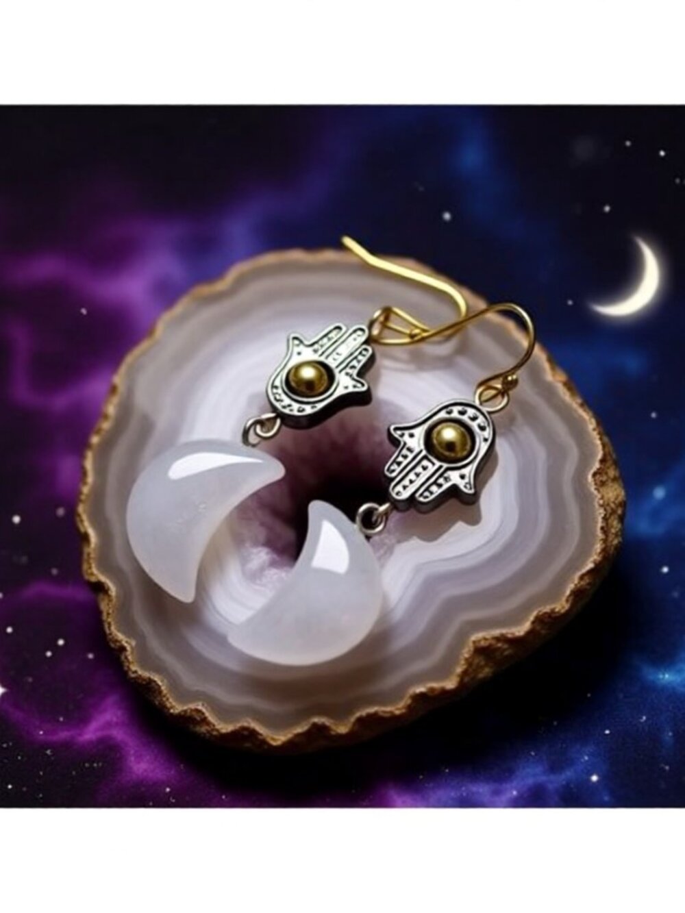 Handmade! Quartz Moon & Hamsa Hand Earrings | Spiritual Protection & Blessings